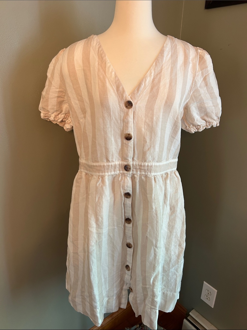 Women's Cream and Tan Stripe Button-Front Short Sleeve Dress